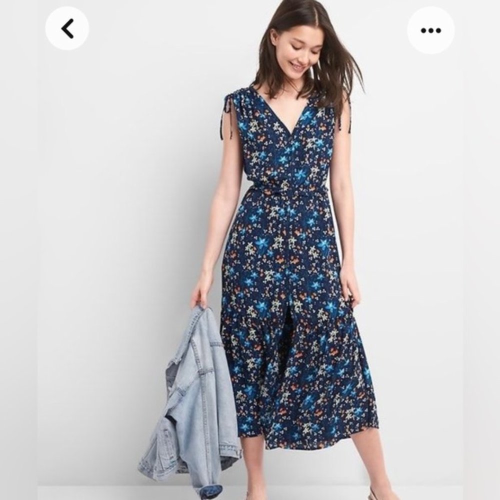 Gap Floral Tiered MIDI Dress Navy Blue v neck with shoulder ties